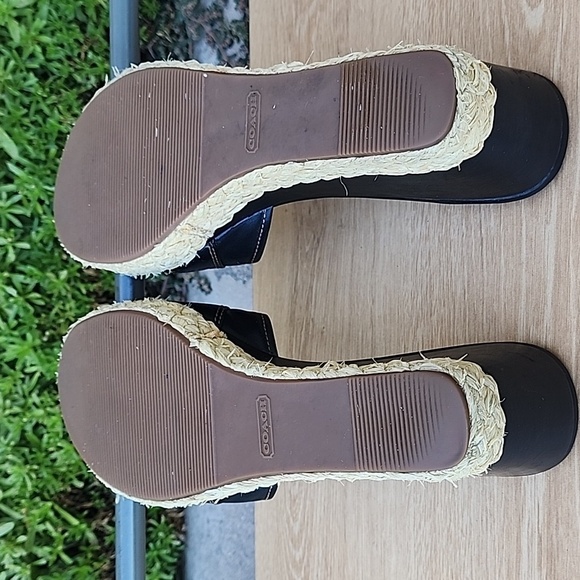 Coach Women's Sz 10 B Greer Black Leather Jute Wedge Gold Buckle Sandals - Picture 8 of 13